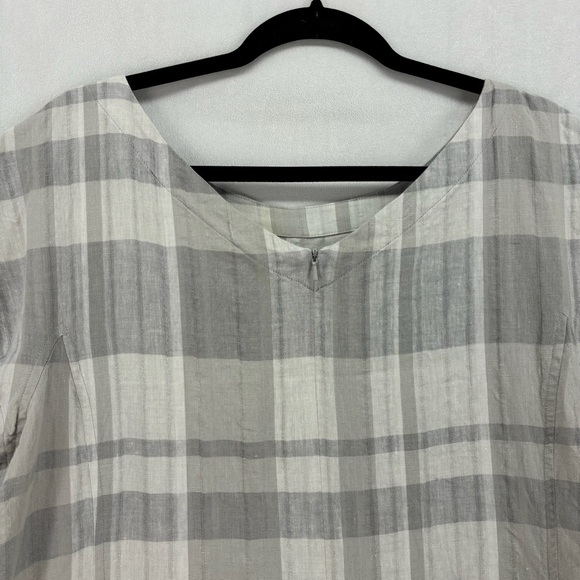 Eileen Fisher Women’s Large Cream Gray Plaid Linen Pockets Mini Dress Sheath - Picture 8 of 10